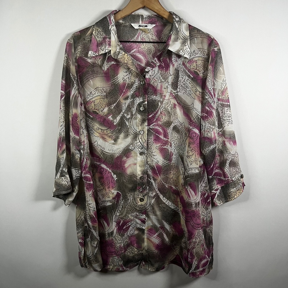 Vintage Alia Shirt Women 14‎ Paisley Print Button Up Blouse Lightweight Bohemian